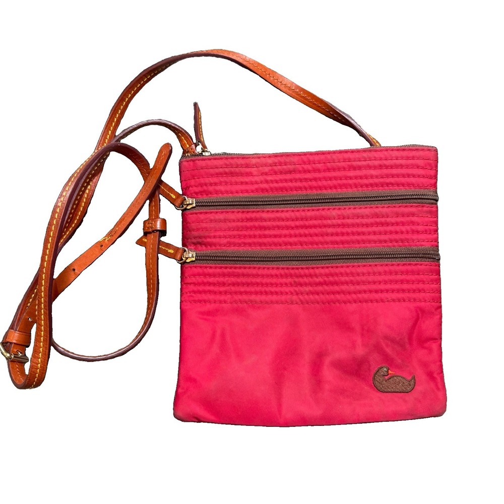 DOONEY & BOURKE Crossbody Purse Bag Triple Zip Leather Strap Nylon Duck Logo Red